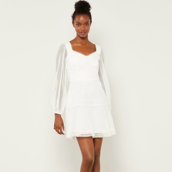 BCBGMaxAzria Dresses & Skirts - BCBG MAX AZRIA Minna Mesh Off White Mini Dress with Lace Trim Pristine NWT!!!